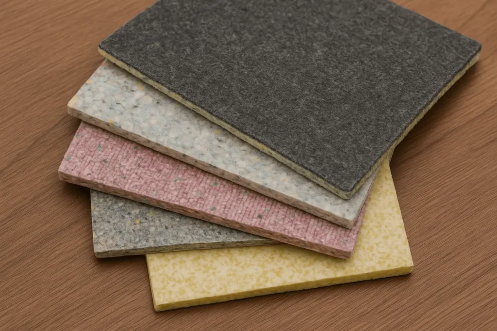 Stacked carpet underpad samples showing different carpet padding types for flooring installation in London Ontario