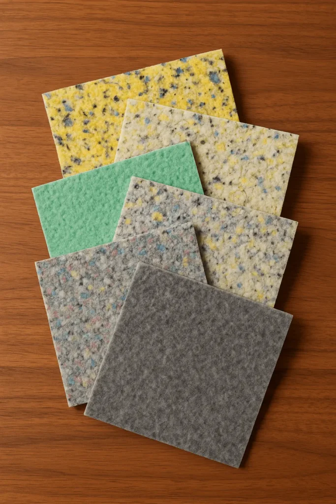 Carpet underpad samples stacked to show different carpet padding thickness options in London Ontario