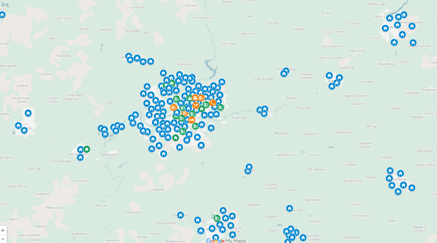 Custom Google Map showing competed carpet installation projects by Master Carpet across Ontario.