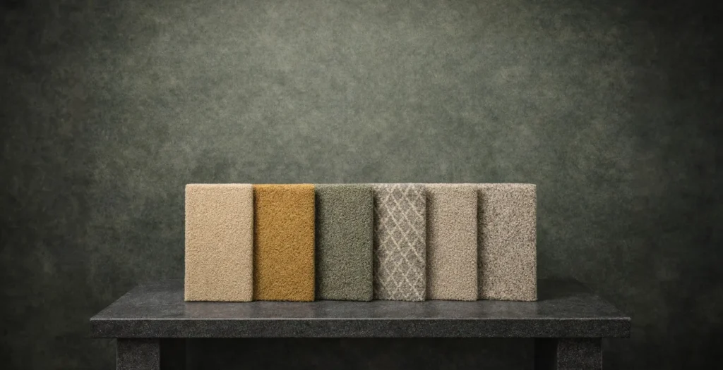 Different types of carpets showcasing in a table. Berber and plush fiber samples.