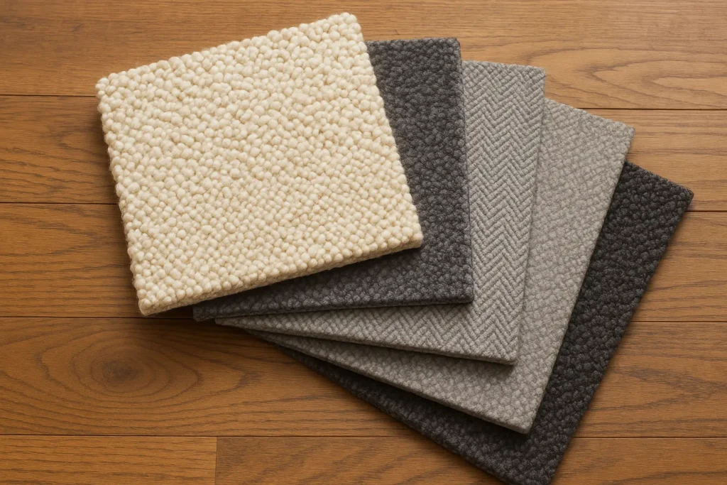 Carpet samples in neutral beige and grey tones displayed on wooden floor – loop and herringbone textures for modern homes.