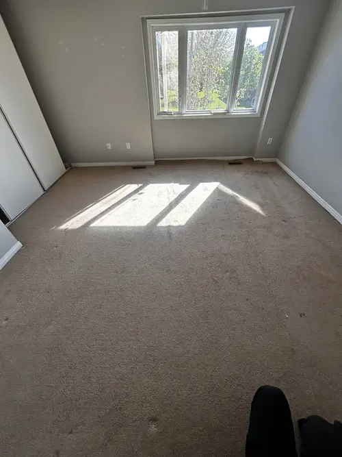 Old bedroom carpet in London, Ontario before carpet installation, ready for renovation