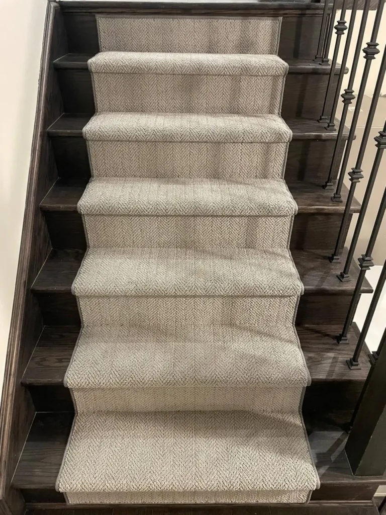 Jersey arrow pattern carpet stair runner installed on residential stairs in London Ontario, durable and stylish flooring