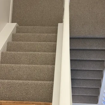 Interstellar Berber carpet in Pebble Hill colour installed on a staircase in London, Ontario by Master Carpet