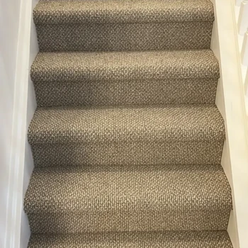 Interstellar Berber carpet in Pebble Hill colour fitted on home stairs in St. Thomas, Ontario by Master Carpet