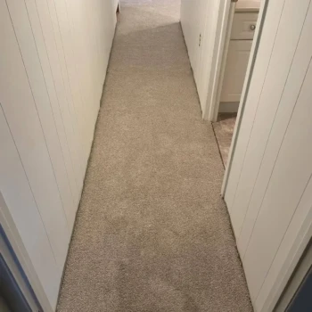 Basement hallway carpet installation in London, Ontario featuring Serenity Light Sand — a soft, durable plush carpet