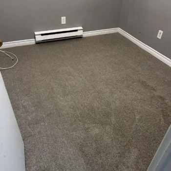 Basement carpet installation in London, Ontario featuring Serenity Light Sand — a soft, durable plush carpet.