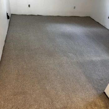 Living room carpet installation in London, Ontario featuring Serenity Light Sand — a soft, plush medium-pile carpet.