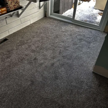 Serenity Pathway carpet installed in a St. Thomas, Ontario playroom — a soft, medium-pile taupe carpet!