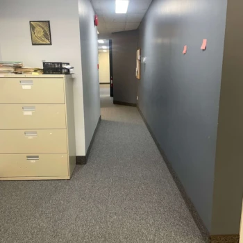 Streaming Aspect commercial carpet installed in hallway – durable office and healthcare carpet, London Ontario.