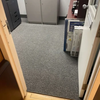 Streaming carpet in Aspect color installed in photocopy room – durable commercial carpet, London Ontario.