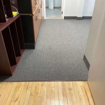 Streaming Aspect commercial carpet transition from wood floor at rehab center in London Ontario.