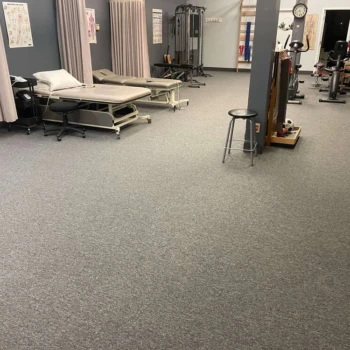 Streaming Aspect commercial carpet installed in rehab gym – durable healthcare carpet, London Ontario.