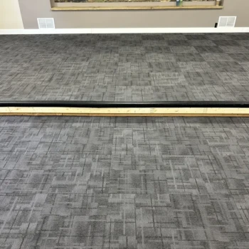 Crosswinds carpet tile floor design in church East London Ontario commercial carpet flooring installed for modern worship space.