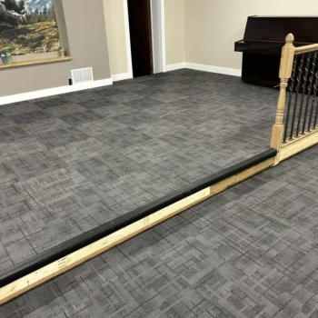 Crosswinds carpet tile installed in church seating area East London Ontario commercial carpet tile flooring for clean and professional interior.